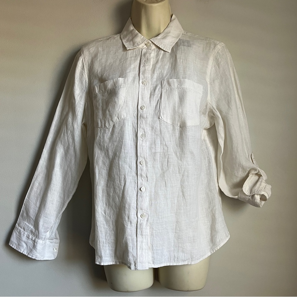 New Talbots Women’s Ivory Linen Silk Blend Button Up Raglan Long Slv. Blouse MP